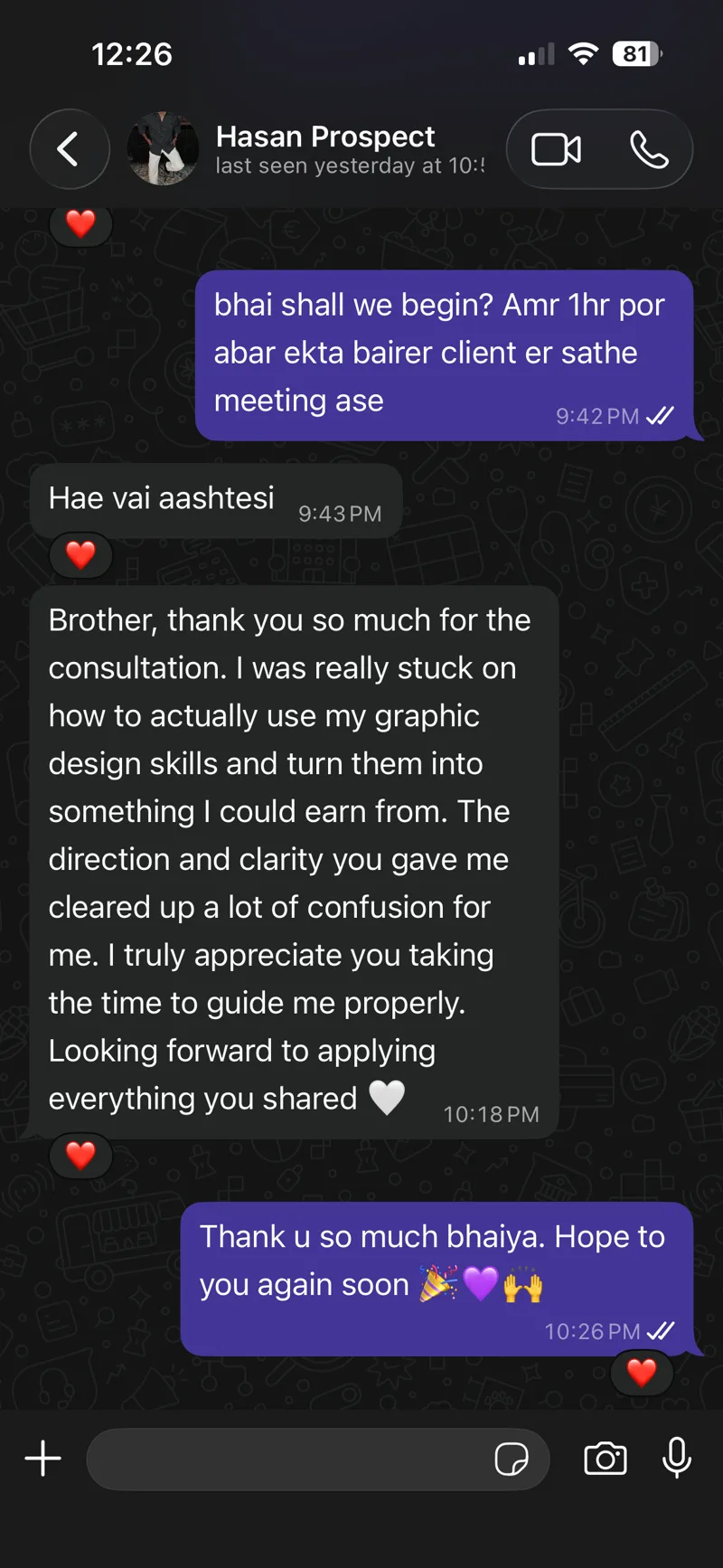 WhatsApp message from a client after their consultation