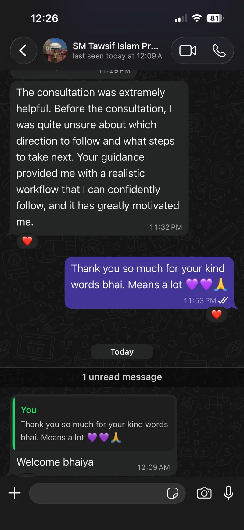 WhatsApp message from a client after their consultation